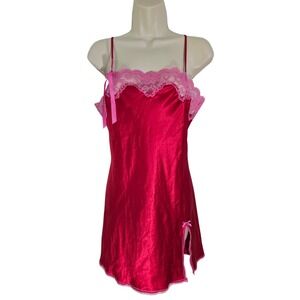 Victoria's Secret Red Satin Pink Lace Trim Side Slit  Lace Babydoll Slip Dress S